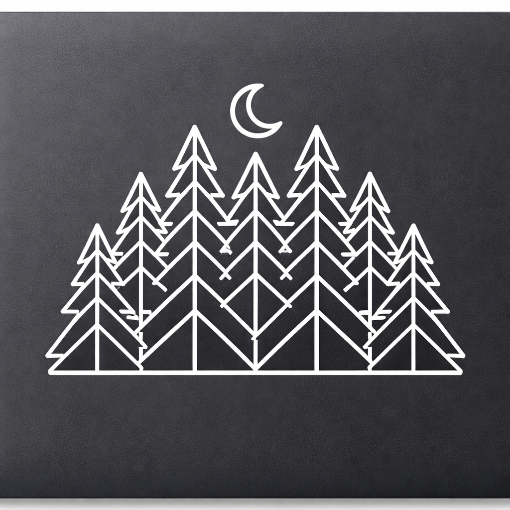 Crescent Moon Pine Forest Sticker Decal Vinyl Laptop Car Window Bumper AUTO Water Bottle Helmets Waterproof Minimalist Line Art