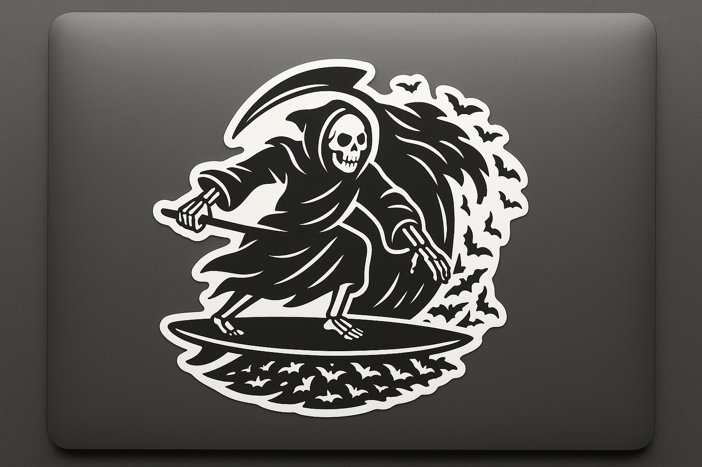 Grim Reaper Surfing Sticker Decal Vinyl Laptop Car Window Bumper AUTO Bottle Water Bottle Helmets Waterproof