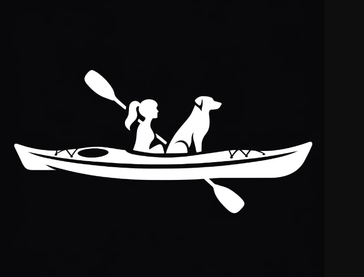 Vinyl sticker: Adventurous Kayak Sticker with Girl and Dog Looking Forward - Unified Silhouette Design for Outdoor Enthusiasts