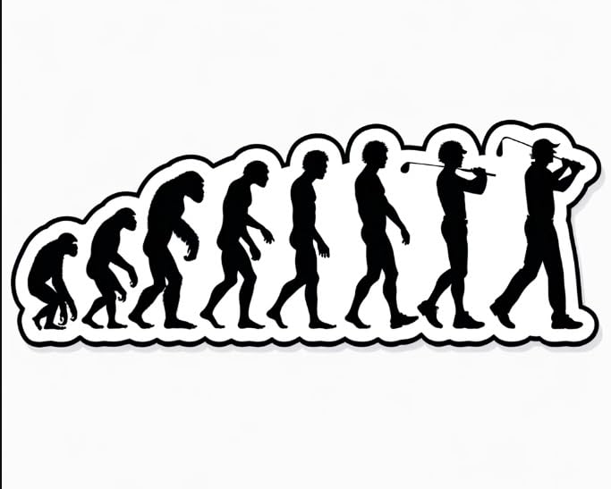 Vinyl sticker: Human Evolution to Golfer Silhouette Decal - Single Row Minimalist Design, Black and White Sticker for Laptops, Cars, Windows