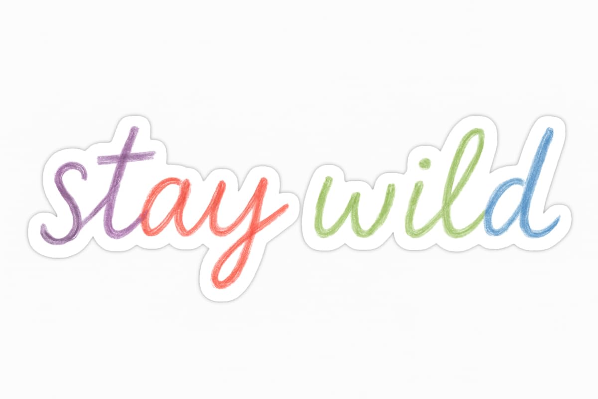 Vinyl sticker: Waterproof Laptop Wall Car Window Bumper Vinyl Sticker Decal Truck Auto Water Bottle with “Stay Wild” One-Line Rainbow Colored Pencil Handwritten Quote Design