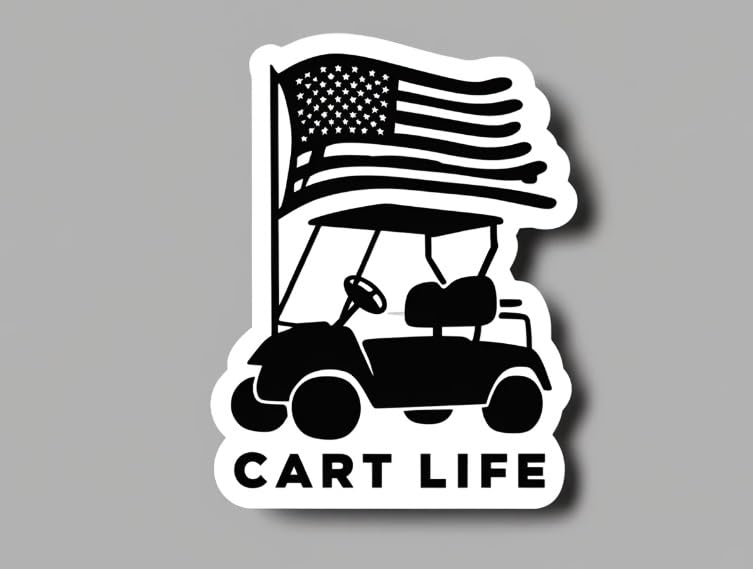 Vinyl sticker: "Minimalist 'Cart Life' Golf Cart with USA Flag Silhouette Sticker - Patriotic Design, Waterproof Decal for Golf Enthusiasts"