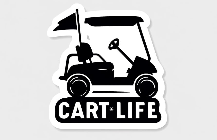 Vinyl sticker: Minimalist 'Cart Life' Golf Cart with Flag Silhouette Sticker - Elegant Black and White Design, Waterproof Decal for Golf Enthusiasts