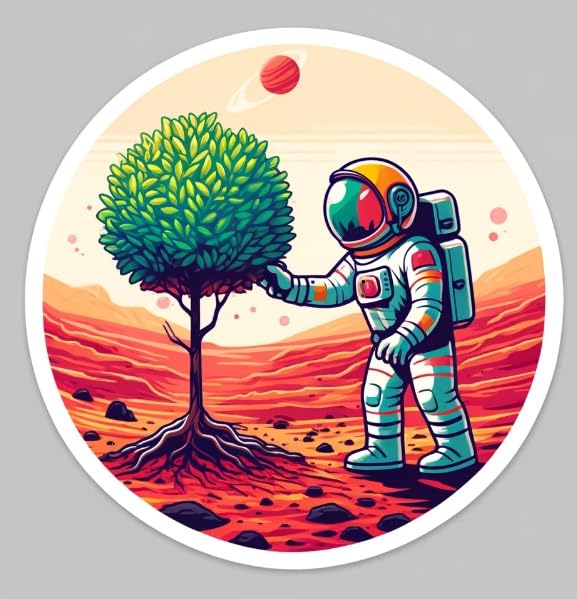 Vinyl sticker: Mars Tree Planting Decal: Astronaut & Environmental Vision Sticker for Laptop, Car, Window, Wall - Waterproof and UV Resistant