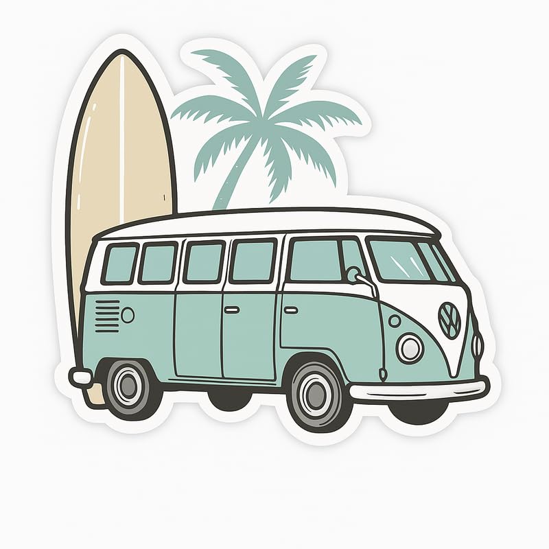Vinyl sticker: Retro Pink VW Camper Van Sticker – Waterproof Vinyl Decal for Laptop, Car, Bumper, Window, Truck, Auto, Water Bottle – Surfboard Palm Tree Vintage Aesthetic – Variation 1