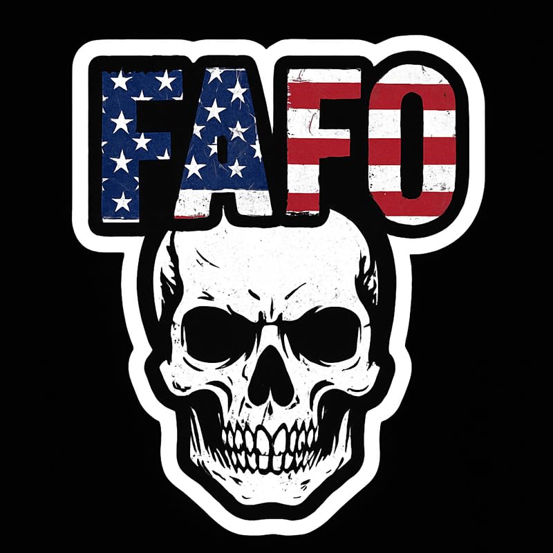 Vinyl sticker: FAFO Skull Sticker – USA Flag FAFO Text Over Grunge Skull – Waterproof Vinyl Decal for Laptop, Wall, Car, Window, Bumper, Truck, Auto, Water Bottle – Patriotic Grit Design – Variation 14