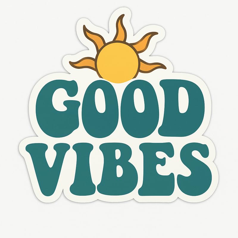 Vinyl sticker: Teal Good Vibes Sticker – Waterproof Retro Decal for Laptop, Car, Wall, Window, Bumper, Auto, Truck – Sun Illustration with Bubble Letters and 70s Hippie Aesthetic – Variation 2