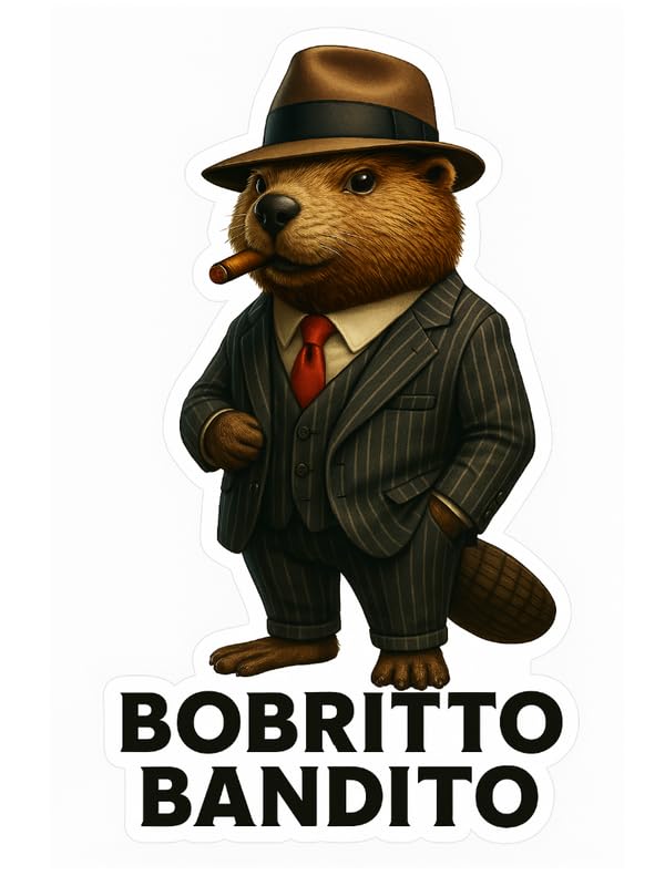 Vinyl sticker: Waterproof Bobrito Bandito Sticker for Laptop Wall Car Window Bumper Decal Truck Auto Water Bottle – Full-Body Gangster Beaver in Pinstripe Suit 4in