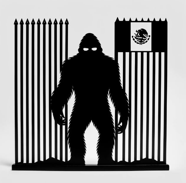 Vinyl sticker: Bigfoot Behind US-Mexico Border Fence with Mexican Flag Silhouette Decal - Impactful Car and Laptop Decor