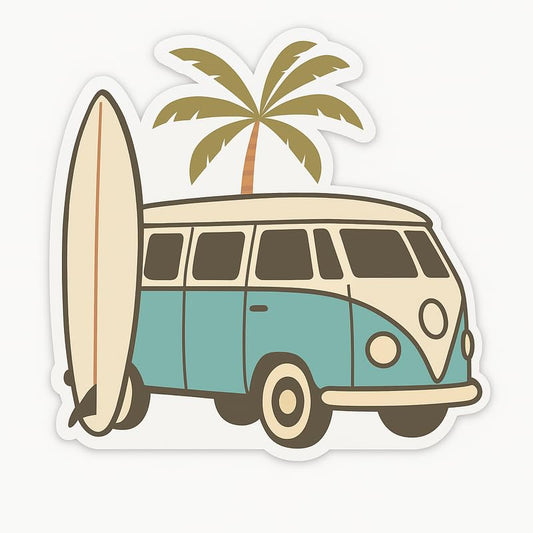 Vinyl sticker: Turquoise Retro VW Camper Sticker – Mid-Century Palm Tree and Surfboard Waterproof Decal for Laptop, Car, Bumper, Window, Auto, Truck, Water Bottle – Minimalist Van Art – Variation 6