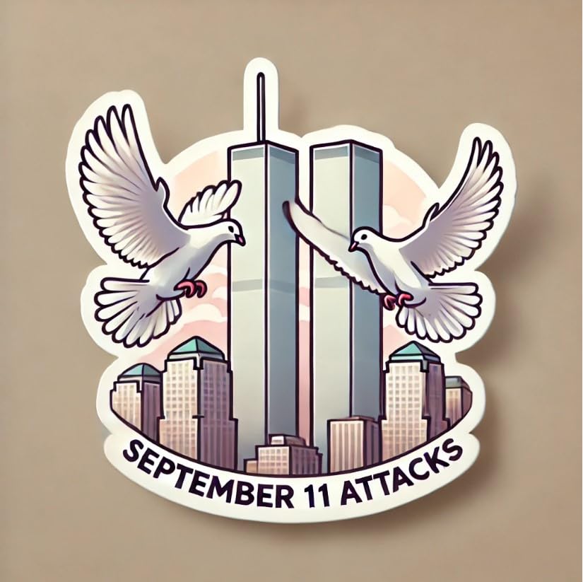 Vinyl sticker: Twin Towers with Doves of Peace - 9/11 Memorial Laptop Wall Car Window Bumper Sticker Decal for Truck, Waterproof Auto Decoration, Water Bottle
