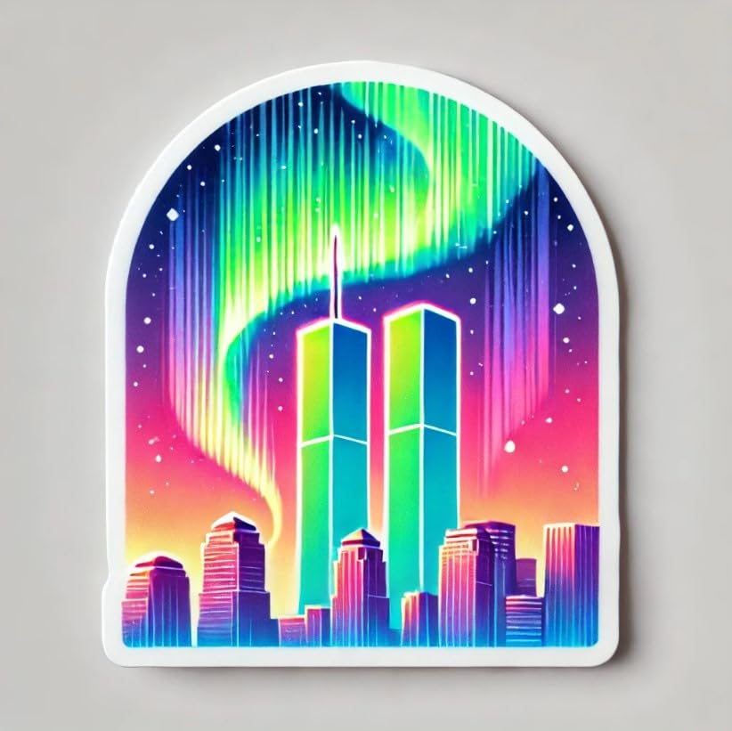 Vinyl sticker: Twin Towers with Aurora Borealis - 9/11 Memorial Laptop Wall Car Window Bumper Sticker Decal for Truck, Waterproof Auto Decoration, Water Bottle