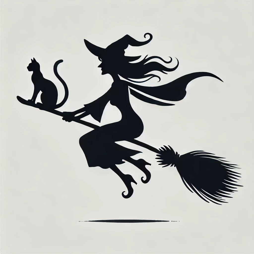 Vinyl sticker: Halloween Witch and Cat Silhouette Flying on a Broomstick Sticker for Laptop, Wall, Car, Window, Bumper, Waterproof Vinyl Decal for Trucks and Water Bottles