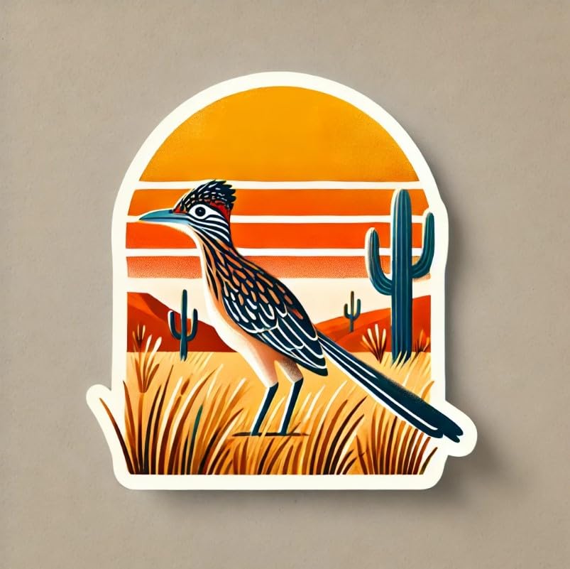 Vinyl sticker: Laptop Wall Car Window Bumper Sticker Decal Truck Waterproof Auto Water Bottle – Sunrise Chaparral Bird in Golden Grass with Cactus Hills and Morning Zia Sun