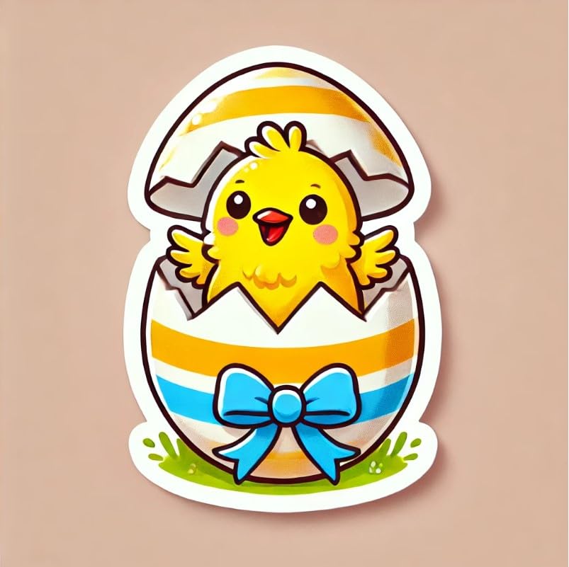 Vinyl sticker: Cute Easter Chicks Sticker for Laptop, Wall, Car, Window, Bumper, Decal, Truck, Waterproof, Auto, Water Bottle – Fluffy Baby Chick in Cracked Egg with Ribbon (4)