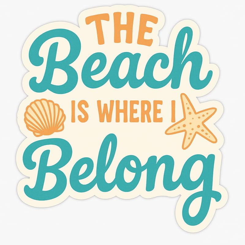 Vinyl sticker: Retro Teal & Orange Beach Sticker – The Beach is Where I Belong Decal for Laptop, Car, Wall, Window, Bumper, Waterproof Vinyl with Shell and Starfish Quote Design – Variation 11