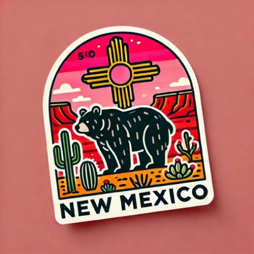 Vinyl sticker: Symbolic New Mexico Black Bear with Zia Sunset Sticker for Laptop, Wall, Car, Window, Bumper, Waterproof Decal for Truck, Auto, Water Bottle