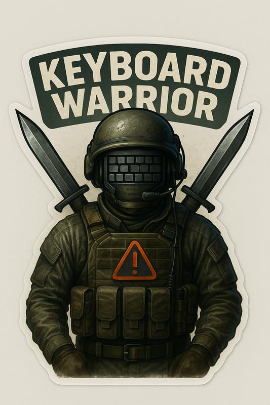Vinyl sticker: Keyboard Warrior Laptop Wall Car Window Bumper Sticker Decal Truck Waterproof Auto Water Bottle Ultra Realistic Tactical Emblem with Combat Armor, Headset, Warning Symbol and Swords