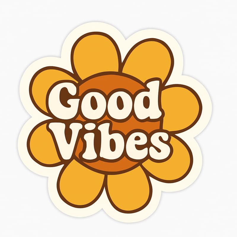 Vinyl sticker: Good Vibes Flower Sticker – Waterproof Vinyl Retro Decal for Laptop, Car, Wall, Window, Bumper, Truck, Auto – 70s Style Cream Font in Yellow Orange Daisy Design – Variation 3