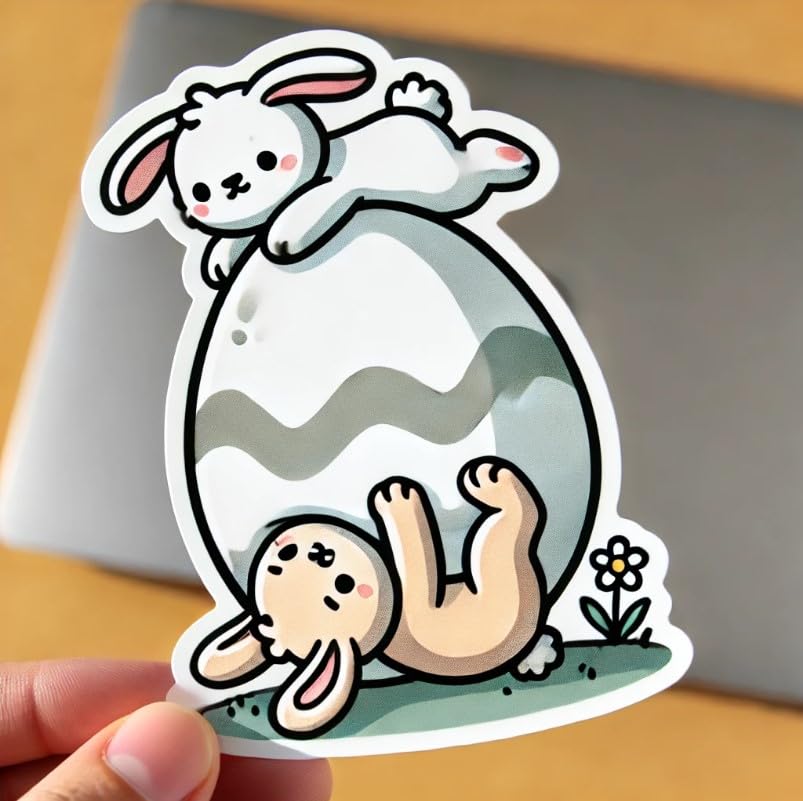 Vinyl sticker: Easter Bunnies Balancing on Egg Sticker for Laptop, Wall, Car, Window, Bumper, Decal, Truck, Waterproof, Auto, Water Bottle – Funny Rabbits on Giant Egg (6)