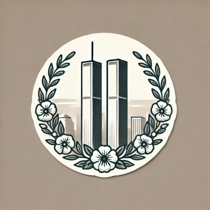 Vinyl sticker: Twin Towers with White Flower Wreath - 9/11 Memorial Laptop Wall Car Window Bumper Sticker Decal for Truck, Waterproof Auto Decoration, Water Bottle