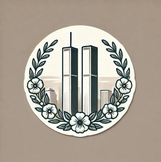 Vinyl sticker: Twin Towers with White Flower Wreath - 9/11 Memorial Laptop Wall Car Window Bumper Sticker Decal for Truck, Waterproof Auto Decoration, Water Bottle