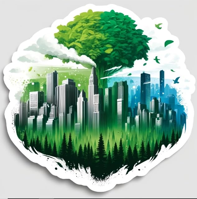 Vinyl sticker: Urban Nature Fusion Sticker – City Skyline to Forest Transition Decal for Laptops, Cars, and Windows