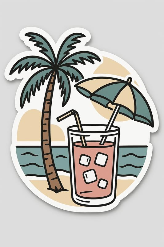 Vinyl sticker: Tropical Sunset Drink Sticker – Waterproof Vinyl Decal for Laptop, Wall, Car, Bumper, Window, Auto, Water Bottle, Truck – Beach Scene with Palm Tree & Umbrella – Variation 2