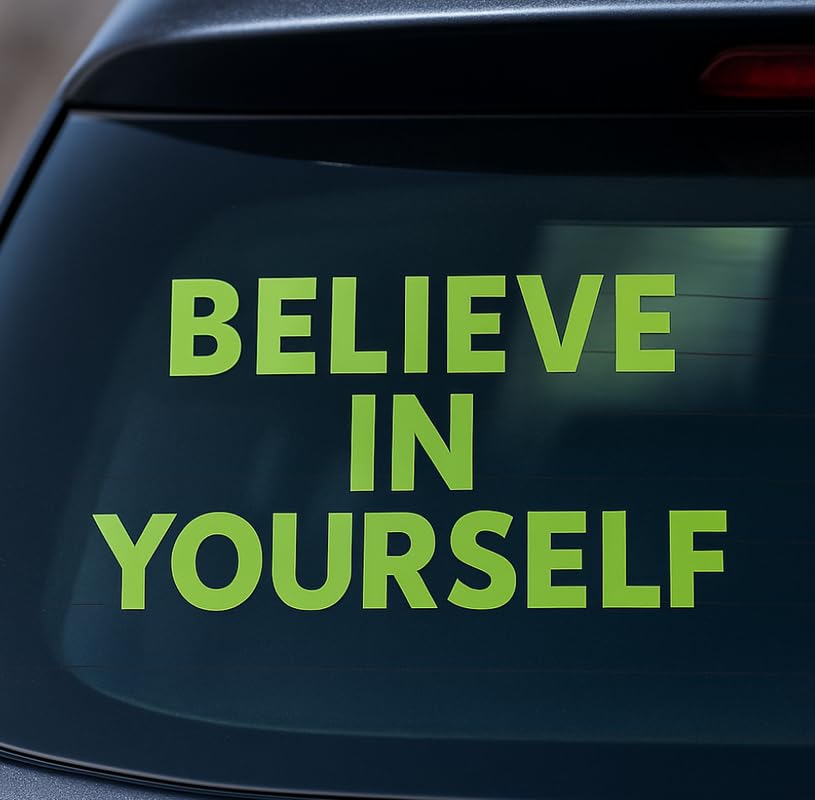 Vinyl sticker: Vinyl Sticker Waterproof for Car Window Laptop Wall Bumper Truck Auto Water Bottle “Believe in Yourself” Solid Lime Green Quote Without Outline Bold Flat Font