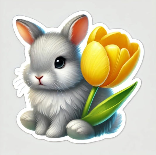 Vinyl sticker: Realistic Grey Easter Bunny Sticker for Laptop, Wall, Car, Window, Bumper, Decal, Truck, Waterproof, Auto, Water Bottle – Cute Rabbit with Yellow Tulip (4)
