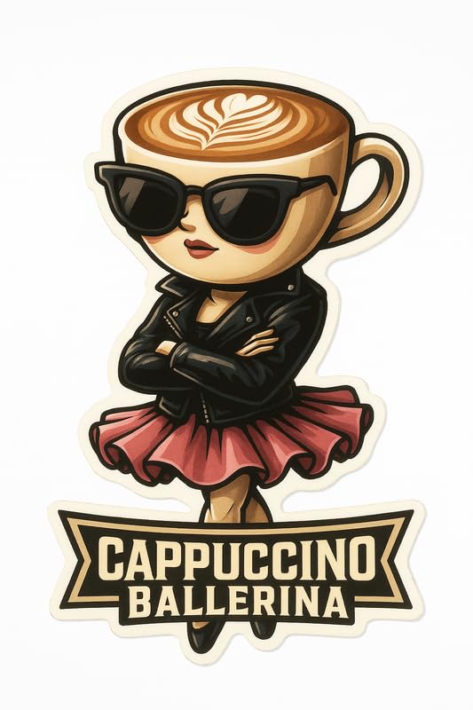 Vinyl sticker: Waterproof Cappuccino Ballerina Sticker for Laptop Wall Car Window Bumper Decal Truck Auto Water Bottle – Full-Body Pink Espresso Dancer with Banner 4in