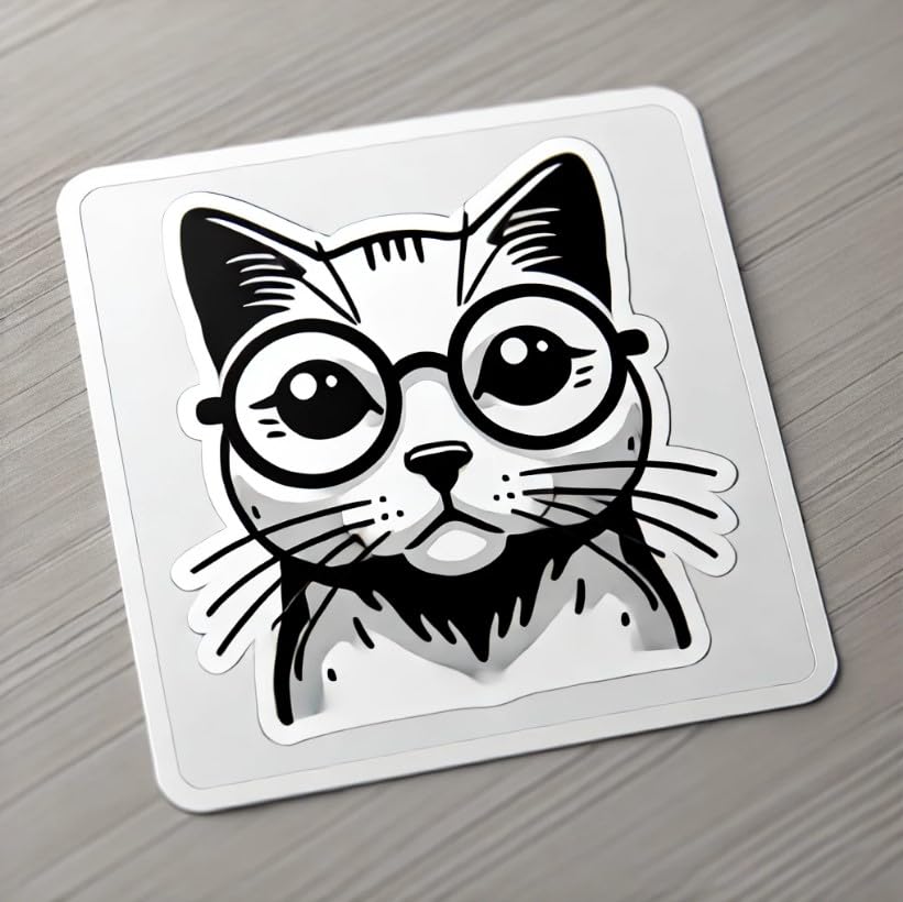 Vinyl sticker: Serious Cat with Round Glasses Sticker for Laptop, Wall, Car, Window, Bumper, Truck, Waterproof Decal - Minimalist Design