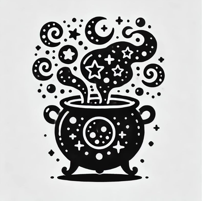 Vinyl sticker: Halloween Witch's Cauldron Laptop, Wall, Car, Window, Bumper Sticker Decal - Bubbling Potion, Spooky Elements - Black & White - Waterproof.