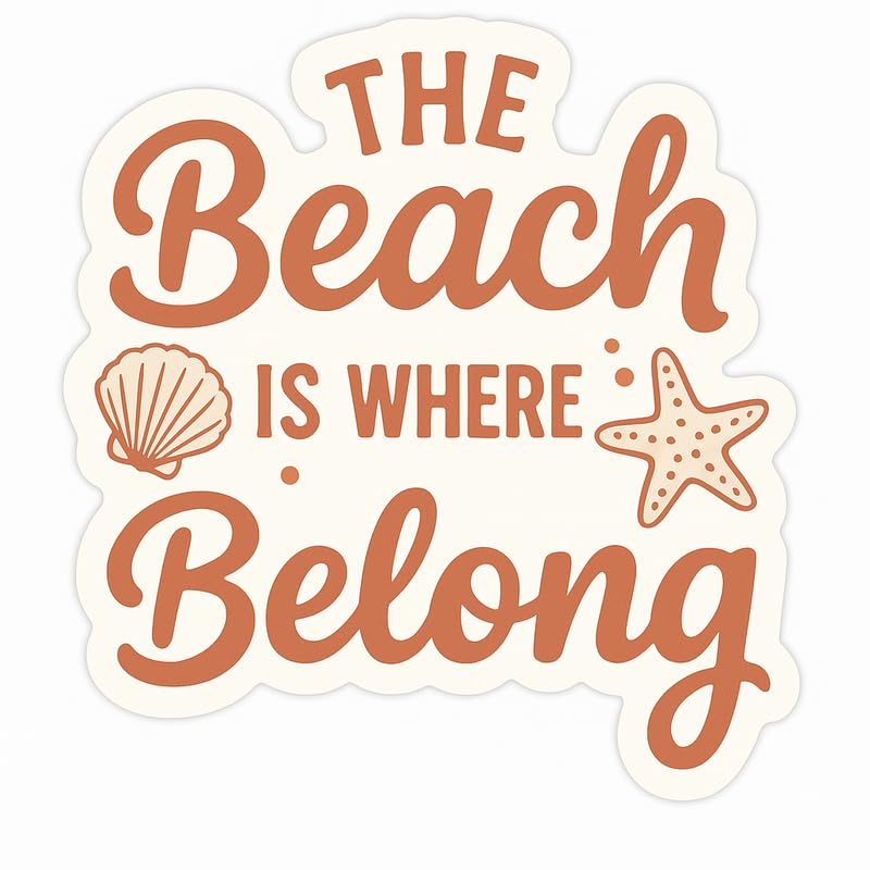 Vinyl sticker: Terracotta Beach Quote Sticker – The Beach is Where I Belong Decal for Laptop, Car, Wall, Window, Bumper, Truck, Waterproof Vinyl with Shell and Starfish Summer Art – Variation 10