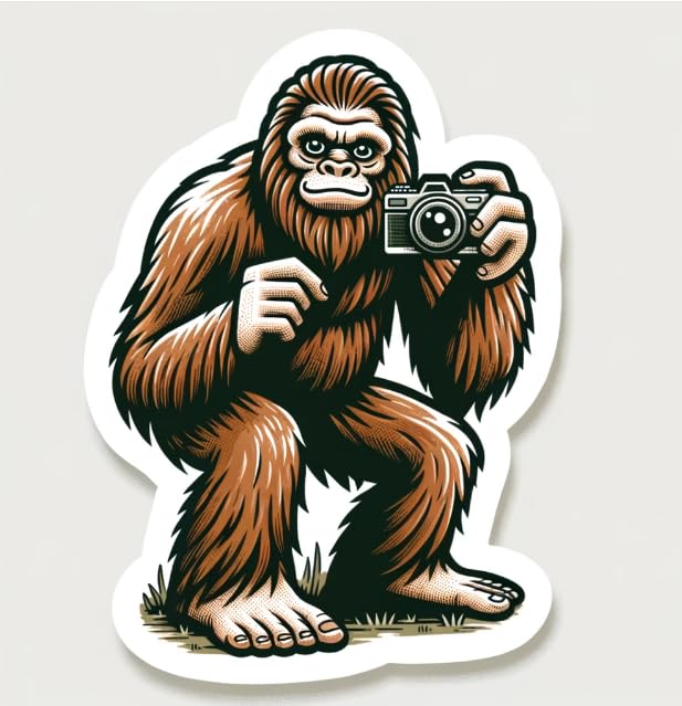 Vinyl sticker: Sasquatch Selfie Sticker - Cartoon Bigfoot with Camera Decal for Outdoor Enthusiasts and Mythology Fans