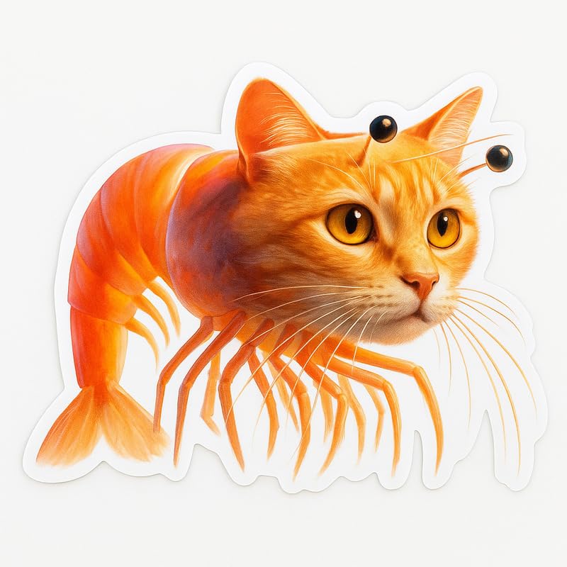 Vinyl sticker: Waterproof Trippi Troppi Sticker for Laptop Wall Car Window Bumper Decal Truck Auto Water Bottle – Cat-Shrimp Fusion with Bold Top Label 4in