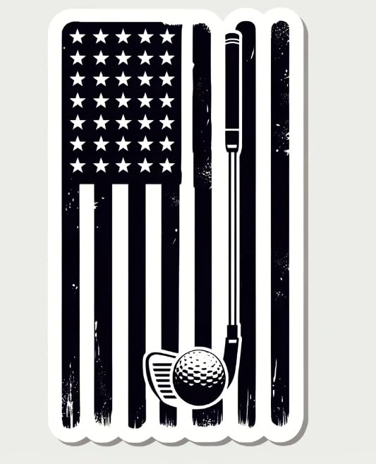 Vinyl sticker: Rugged Golf-Themed USA Flag Sticker with Club Stripe and Ball Stars - Monochrome Design, Durable Outdoor Decal