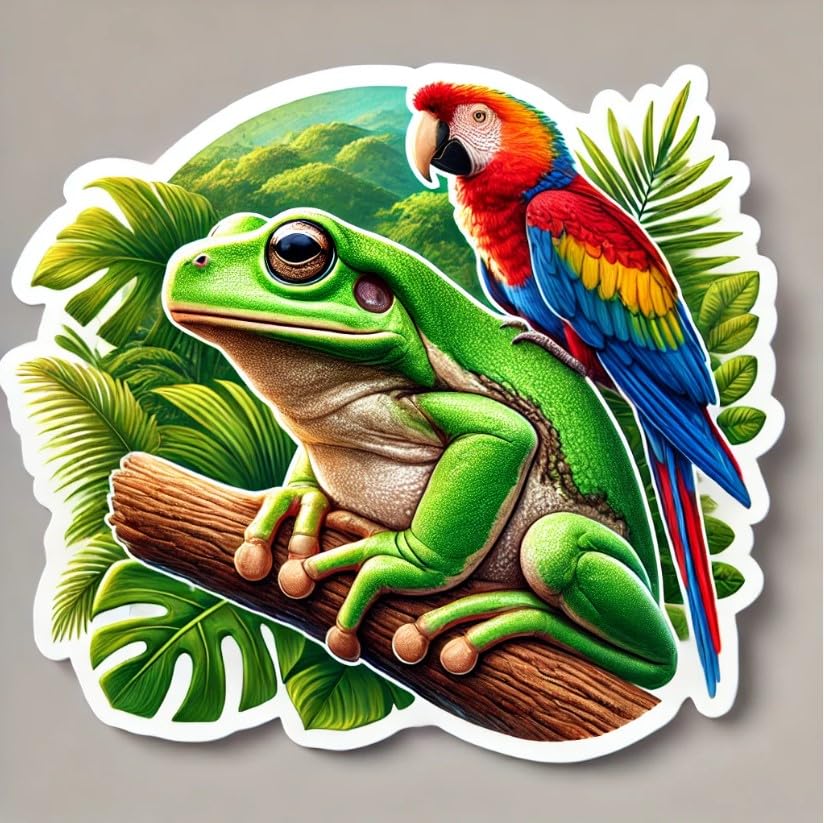 Vinyl sticker: Inspired Frog and Parrot on Branch Sticker Decal for Laptop, Wall, Car, Window, Bumper, Truck, Water Bottle - Nature - Durable Vinyl Sticker for Auto and Home Decor