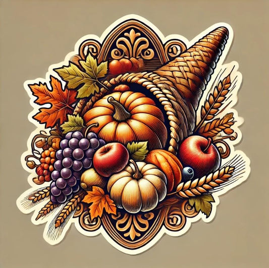 Vinyl sticker: Thanksgiving Day Cornucopia Sticker for Laptop, Wall, Car, Window, Bumper Decal – Traditional Harvest Design for Truck, Waterproof and Auto Use, Perfect for Water Bottles and More