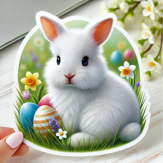 Vinyl sticker: Realistic Easter Bunny Sticker for Laptop, Wall, Car, Window, Bumper, Decal, Truck, Waterproof, Auto, Water Bottle – Fluffy White Rabbit in Spring Meadow