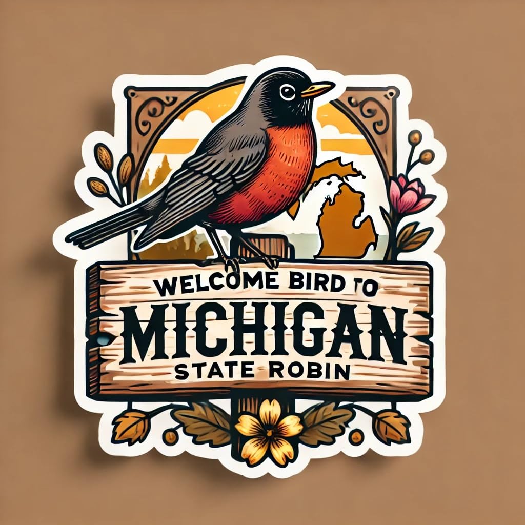 Vinyl sticker: Welcome to Michigan Robin Sticker Waterproof Auto Laptop Wall Bumper Window Car Truck Water Bottle Decal of State Bird Perched on Rustic Sign in Spring Scene