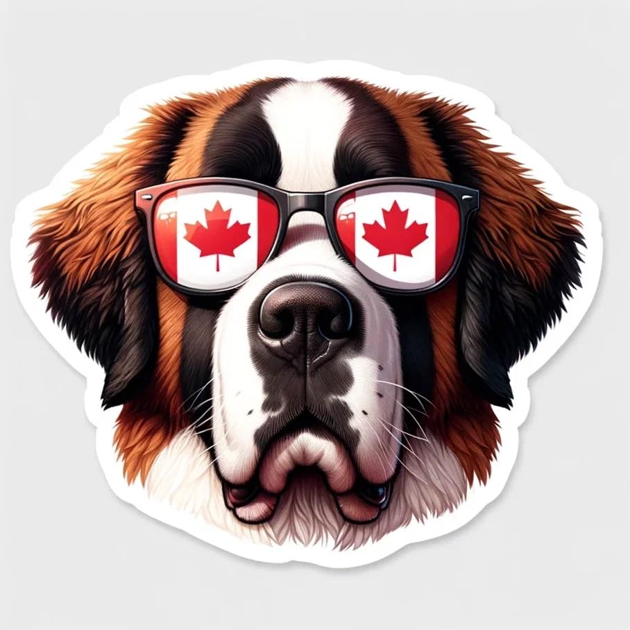 Vinyl sticker: Sticker Saint Bernard Glasses Flag Canada Patriotic Dog Vinyl Decal American Flag & Cute Dogs in Glasses USA Pride Canine Waterproof Décor for Laptops Water Bottles Custom Dog Sticker