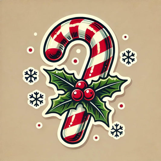 Vinyl sticker: Christmas Candy Cane Sticker for Laptop, Wall, Car, Window, Bumper – Vintage Candy Cane with Holly Wreath – Waterproof and UV Resistant for Truck, Auto, Water Bottle, and More
