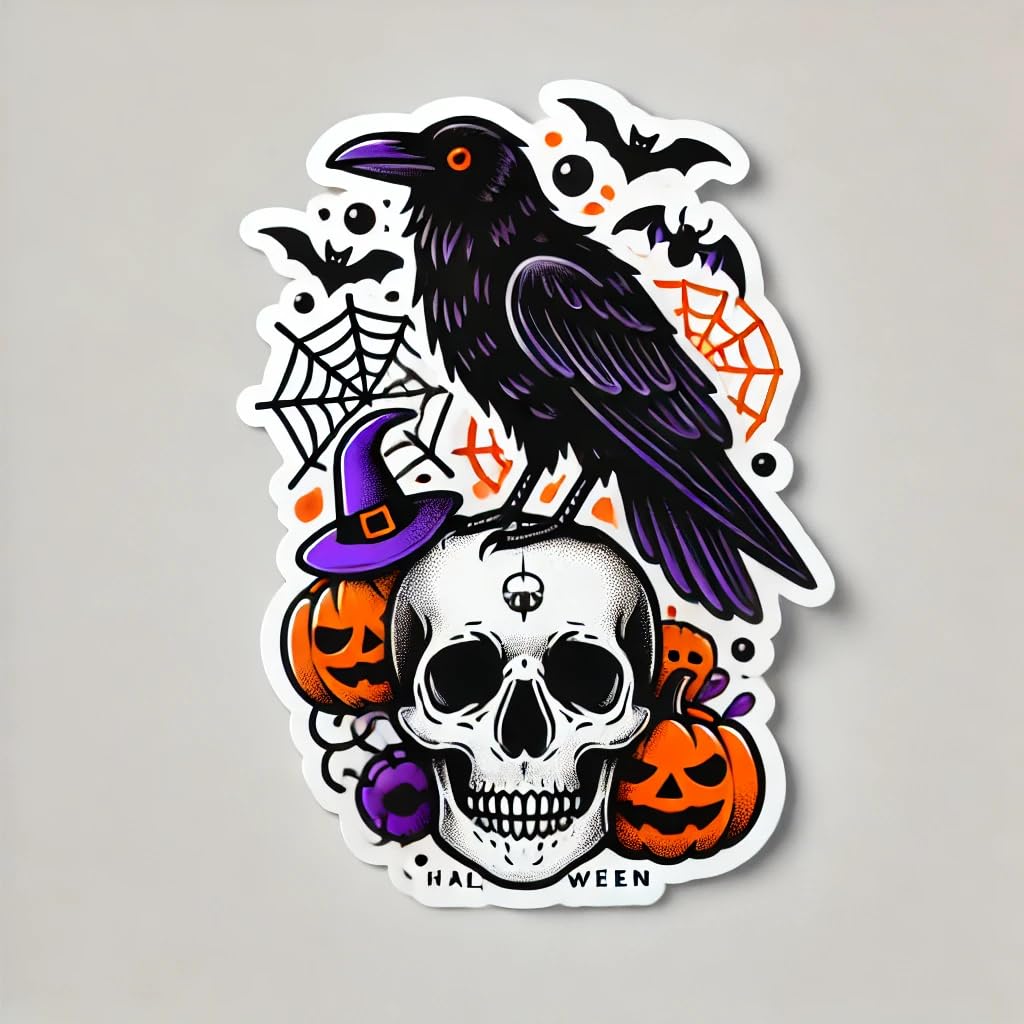 Vinyl sticker: Halloween Raven Crow on Skull Laptop Wall Car Window Bumper Sticker Decal Truck Waterproof Auto Water Bottle (6)