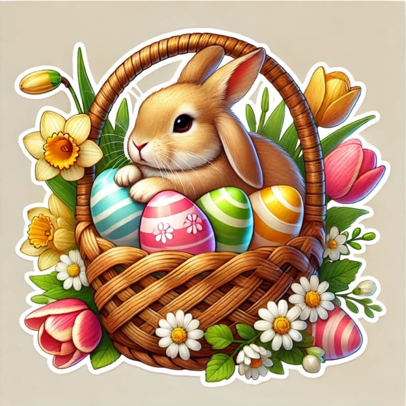 Vinyl sticker: Easter Basket with Realistic Rabbit Laptop Wall Car Window Bumper Sticker Decal Truck Waterproof Auto Water Bottle – Lifelike Bunny with Festive Eggs & Flowers.