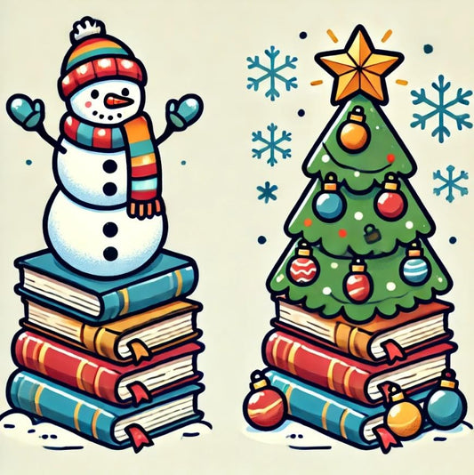 Vinyl sticker: Snowman Stacking Books into Christmas Tree Whimsical Design