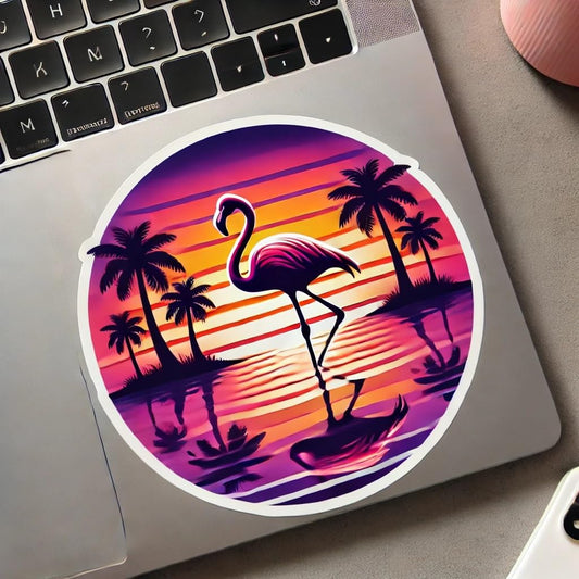 Vinyl sticker: Sunset Flamingo Decal Sticker for Laptop, Wall, Car, Window, Bumper, Truck, Waterproof Auto, and Water Bottle - Tropical Flamingo Silhouette with Sunset and Palm Trees