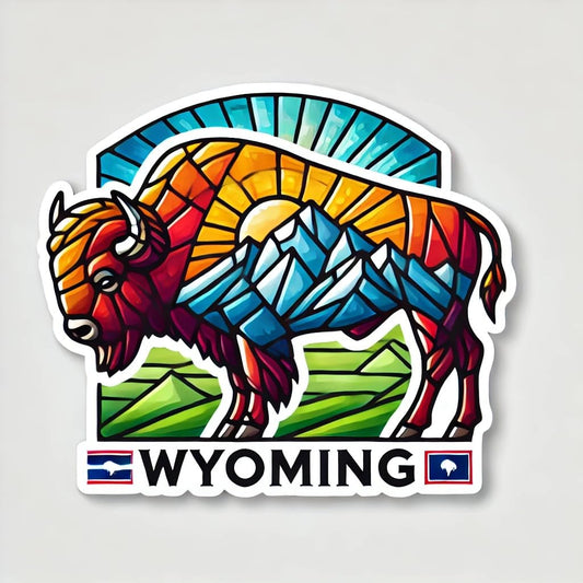 Vinyl sticker: Stained Glass Bison Laptop Car Window Wall Waterproof Sticker – Mosaic Buffalo with Abstract Mountain Design and Wyoming Flag Tile Accent for Auto Truck Bottle Bumper