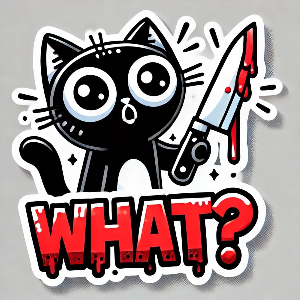 Vinyl sticker: Surprised Black Cat with Knife Cartoon Sticker - Waterproof Vinyl Decal for Laptop, Wall, Car, Window, Bumper, Truck, and Water Bottle.