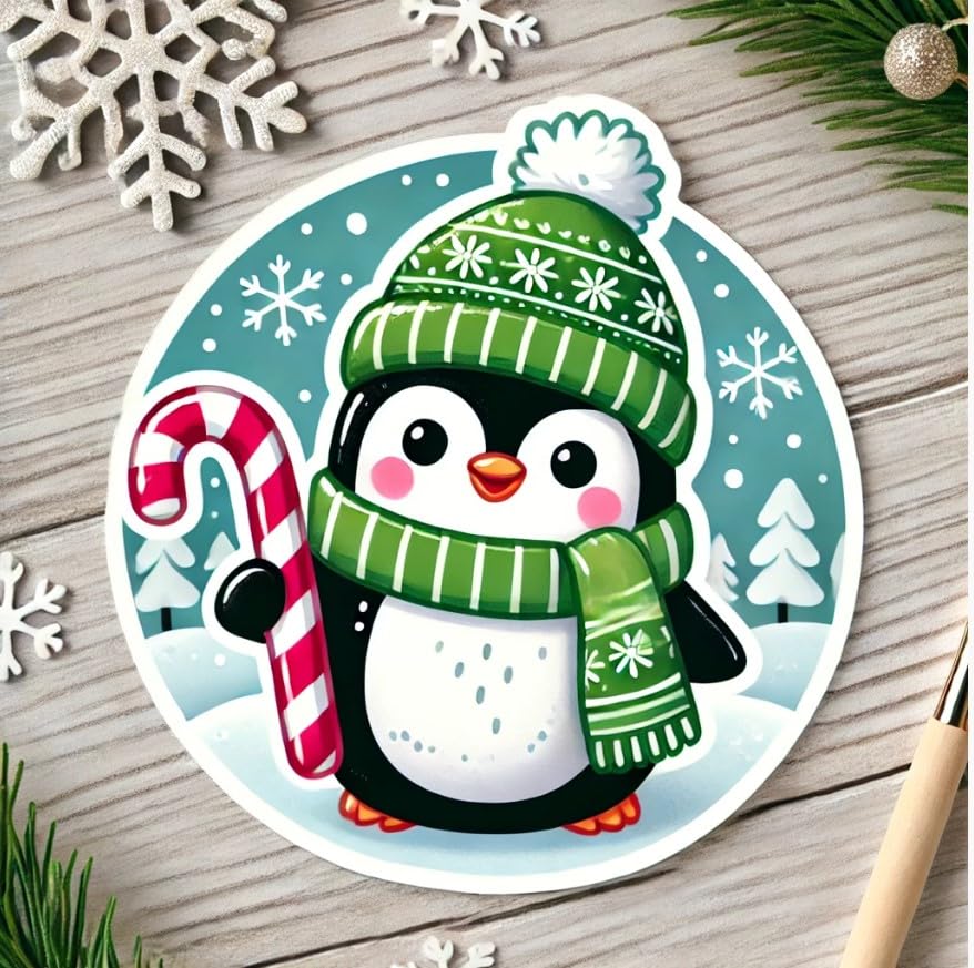 Vinyl sticker: Penguin Candy Cane Green Scarf Sticker for Laptop, Car, Wall, Window, and Water Bottle | Playful Holiday Vinyl Decal